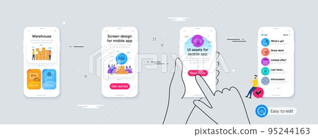 Outline set of Photo cloud, Seo statistics and Cogwheel blueprint line icons for web application. Phone ui interface. Include Shopping, Music making, Voting campaign icons. Vector 95244163