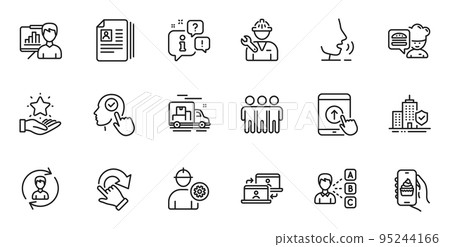 Outline set of Repairman, Presentation board and Chef line icons for web application. Talk, information, delivery truck outline icon. Include Select user, Cv documents, Opinion icons. Vector 95244166