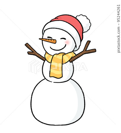 A three-tiered snowman wearing a scarf and a knit hat 95244261