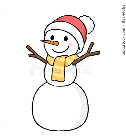 A three-tiered snowman wearing a scarf and a knit hat 95244263