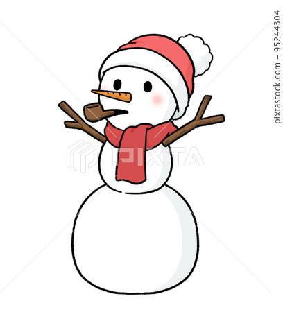 一個三層的雪人，戴著圍巾和針織帽，手裡拿著一根煙斗。 95244304