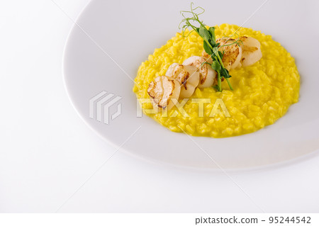 fried scallops with corn on white plate fried scallops with corn on white plate 95244542