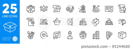Outline icons set. Engineering, Boxes pallet and Manual doc icons. Quality, Skyscraper buildings, Lighthouse web elements. Technical documentation, Brush, Push cart signs. Vector Outline icons set. Engineering, Boxes pallet and Manual doc icons. Quality, Skyscraper buildings, Lighthouse web elements. Technical documentation, Brush, Push cart signs. Vector 95244680