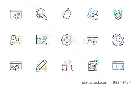 Seo line icons. Website stats, Target and Increase sales signs. Traffic management, social network and seo optimization icons. Linear set. Bicolor outline web elements. Vector Seo line icons. Website stats, Target and Increase sales signs. Traffic management, social network and seo optimization icons. Linear set. Bicolor outline web elements. Vector 95244734