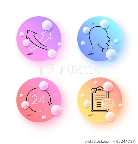 Cough, 24 hours and Medical prescription minimal line icons. 3d spheres or balls buttons. Intersection arrows icons. For web, application, printing. Coronavirus symptom, Time, Medicine drugs. Vector 95244787