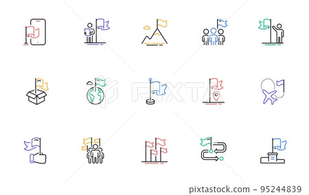 Flag line icons. Leadership, Goal Success, Winner with Flag. Navigation pointer, Travel goal destination, People protest line icons. Mountain with Flag pole, Delivery box, Ownership. Vector 95244839