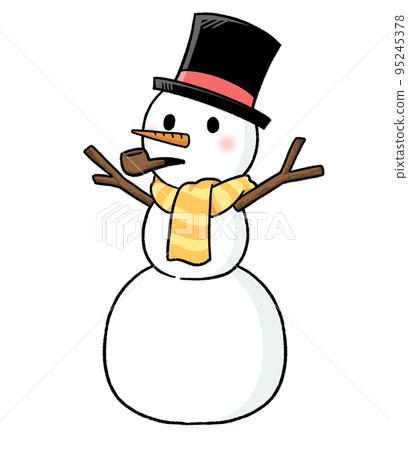A three-tiered snowman wearing gloves, a scarf, a top hat, and holding a pipe tobacco. 95245378