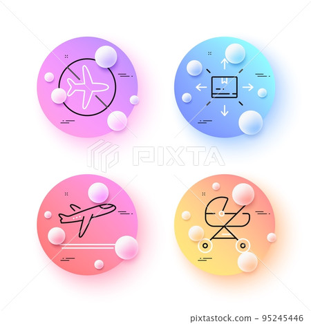 Baby carriage, Flight mode and Cardboard box minimal line icons. 3d spheres or balls buttons. Departure plane icons. For web, application, printing. Vector 95245446