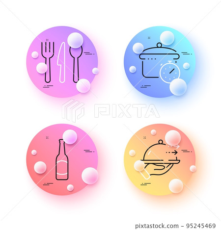 Boiling pan, Food delivery and Food minimal line icons. 3d spheres or balls buttons. Beer icons. For web, application, printing. Cooking timer, Restaurant plate, Cutlery. Bar drink. Vector 95245469