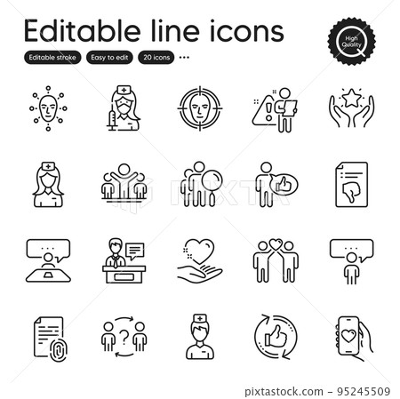 Set of People outline icons. Contains icons as Vaccination, Fingerprint and Face detect elements. Delegate question, Doctor, Exhibitors web signs. Refresh like, Face biometrics. Vector Set of People outline icons. Contains icons as Vaccination, Fingerprint and Face detect elements. Delegate question, Doctor, Exhibitors web signs. Refresh like, Face biometrics. Vector 95245509