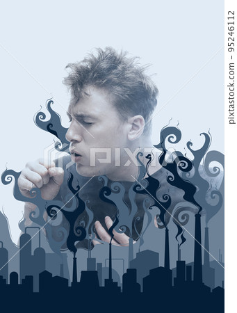 Suffocate in the smoke. Scared young man with stressed emotions isolated over white background with clouds of smoke. Concept of facial expression, emotions Suffocate in the smoke. Scared young man with stressed emotions isolated over white background with clouds of smoke. Concept of facial expression, emotions 95246112