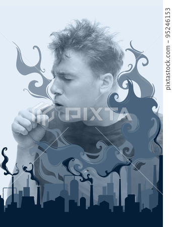 Creative art collage with suffocating male because of air pollution in the city. Sick man. Concept of pollution, dust allergies. Saving environment, ecology, warming of the Earth's climate Creative art collage with suffocating male because of air pollution in the city. Sick man. Concept of pollution, dust allergies. Saving environment, ecology, warming of the Earth's climate 95246153
