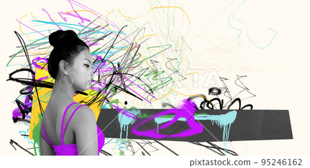 Unmanageable rhythm of life, speed of decision-making. Young girl's portrait with colorful bright abstract graphics, lines. Contemporary art collage. Unmanageable rhythm of life, speed of decision-making. Young girl's portrait with colorful bright abstract graphics, lines. Contemporary art collage. 95246162