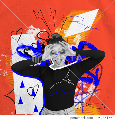 Grimace. Young girl's portrait with abstract graphics, lines, drawings. Contemporary art collage. Surrealism, beauty and fashion, emotions 95246166