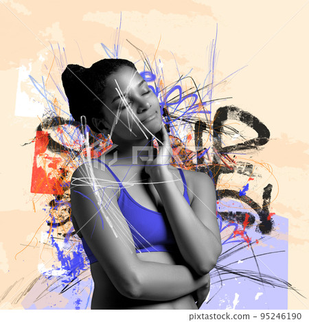 Surrealism. Young girl's portrait with abstract graphics. Contemporary art collage. New vision of beauty and fashion, emotions, feelings. 95246190