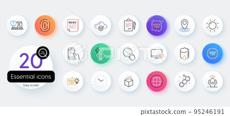 Simple set of Monitor settings, Fake news and Time line icons. Include Augmented reality, Quick tips, Fingerprint icons. Education idea, Time management, Tips web elements. Sun energy. Vector 95246191