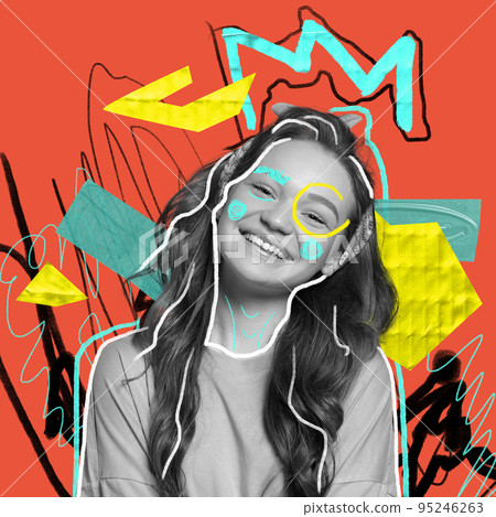 Bright happiness. Young girl's portrait with abstract graphics, lines, drawings. Contemporary art collage. Surrealism, beauty and fashion, emotions Bright happiness. Young girl's portrait with abstract graphics, lines, drawings. Contemporary art collage. Surrealism, beauty and fashion, emotions 95246263