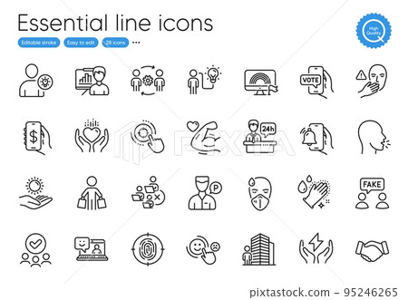 Handshake, Approved group and Alarm clock line icons. Collection of Sick man, Dont touch, Seo target icons. Reception desk, Presentation board, Business idea web elements. Smile. Vector Handshake, Approved group and Alarm clock line icons. Collection of Sick man, Dont touch, Seo target icons. Reception desk, Presentation board, Business idea web elements. Smile. Vector 95246265