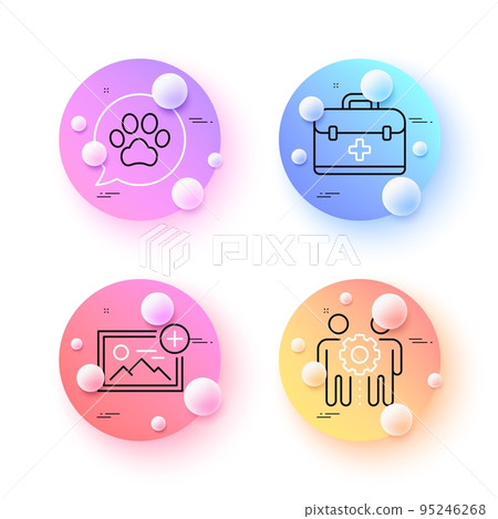 Pets care, First aid and Employees teamwork minimal line icons. 3d spheres or balls buttons. Add photo icons. For web, application, printing. Dog paw, Medicine case, Collaboration. Image. Vector Pets care, First aid and Employees teamwork minimal line icons. 3d spheres or balls buttons. Add photo icons. For web, application, printing. Dog paw, Medicine case, Collaboration. Image. Vector 95246268