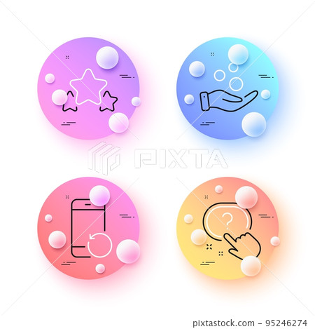 Question button, Recovery phone and Stars minimal line icons. 3d spheres or balls buttons. Donation money icons. For web, application, printing. Quiz, Backup smartphone, Ranking stars. Vector Question button, Recovery phone and Stars minimal line icons. 3d spheres or balls buttons. Donation money icons. For web, application, printing. Quiz, Backup smartphone, Ranking stars. Vector 95246274