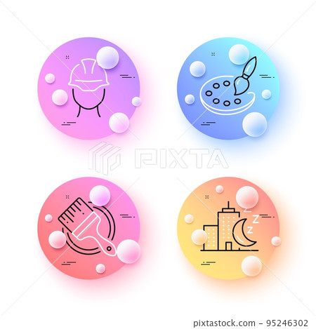 Palette, Foreman and Brush minimal line icons. 3d spheres or balls buttons. Night city icons. For web, application, printing. Art brush, Engineer person, Sleeping building. Vector 95246302