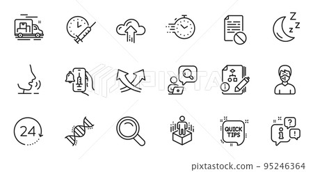 Outline set of Quick tips, Wrong file and Intersection arrows line icons for web application. Talk, information, delivery truck outline icon. Vector 95246364