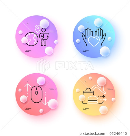 Outsource work, Scroll down and Food delivery minimal line icons. 3d spheres or balls buttons. Hold heart icons. For web, application, printing. Remote worker, Mouse swipe, Food order. Vector Outsource work, Scroll down and Food delivery minimal line icons. 3d spheres or balls buttons. Hold heart icons. For web, application, printing. Remote worker, Mouse swipe, Food order. Vector 95246440