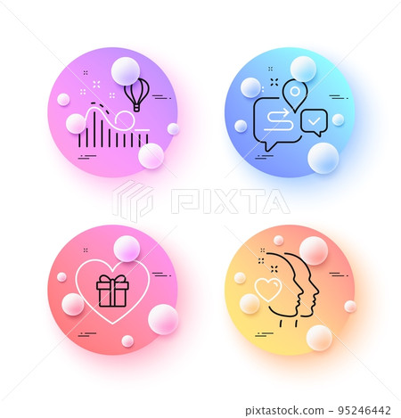 Roller coaster, Heart and Romantic gift minimal line icons. 3d spheres or balls buttons. Journey icons. For web, application, printing. Attraction park, Love head, Surprise with love. Vector Roller coaster, Heart and Romantic gift minimal line icons. 3d spheres or balls buttons. Journey icons. For web, application, printing. Attraction park, Love head, Surprise with love. Vector 95246442