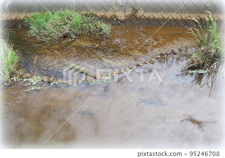 A scene of grass growing from the sediment deposited at the bottom of the irrigation canal (illustration style) A scene of grass growing from the sediment deposited at the bottom of the irrigation canal (illustration style) 95246708