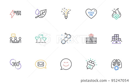 People chatting, Kiss me and Smile line icons for website, printing. Collection of Quickstart guide, Messenger, Love heart icons. 360 degree, Smile chat, Inventory web elements. Vector People chatting, Kiss me and Smile line icons for website, printing. Collection of Quickstart guide, Messenger, Love heart icons. 360 degree, Smile chat, Inventory web elements. Vector 95247054