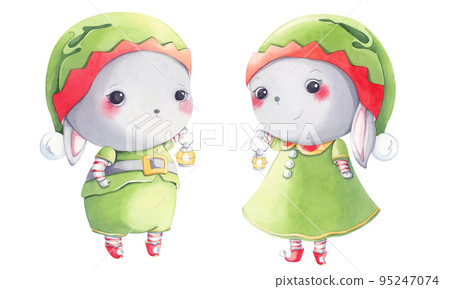 Cute bunnies dressed as elves. Watercolor characters. Cute bunnies dressed as elves. Watercolor characters. 95247074
