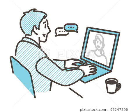 Male business person holding an online meeting on a laptop during telework [vector illustration material] 95247296