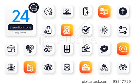 Set of Technology flat icons. Washing machine, Money transfer and Safe water elements for web application. Logistics network, Ship, Swipe up icons. 5g internet, Smartphone charging. Vector Set of Technology flat icons. Washing machine, Money transfer and Safe water elements for web application. Logistics network, Ship, Swipe up icons. 5g internet, Smartphone charging. Vector 95247739