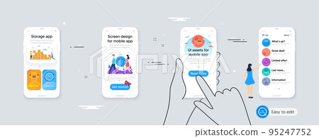 Typewriter, Time management and Augmented reality line icons for website, printing. Phone ui interface. Collection of Stop stress, Time change, 360 degrees icons. Vector 95247752