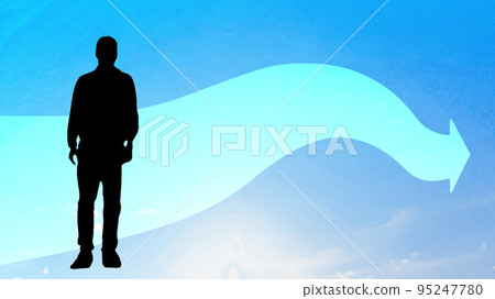 藍天中的彎曲箭頭和男性剪影_寬 藍天中的彎曲箭頭和男性剪影_寬 95247780