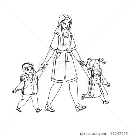 Boy And Girl Pupil Go To School With Mother Vector 95247935