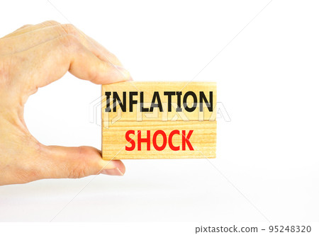 Inflation shock symbol. Concept words Inflation shock on wooden blocks. Beautiful white table white background. Businessman hand. Business inflation shock concept. Copy space. Inflation shock symbol. Concept words Inflation shock on wooden blocks. Beautiful white table white background. Businessman hand. Business inflation shock concept. Copy space. 95248320