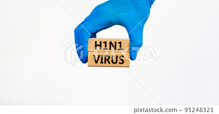 H1N1 virus symbol. Doctor hand in blue glove holds wooden blocks with words H1N1 virus, beautiful white background. Medical, H1N1 virus concept. H1N1 virus symbol. Doctor hand in blue glove holds wooden blocks with words H1N1 virus, beautiful white background. Medical, H1N1 virus concept. 95248321