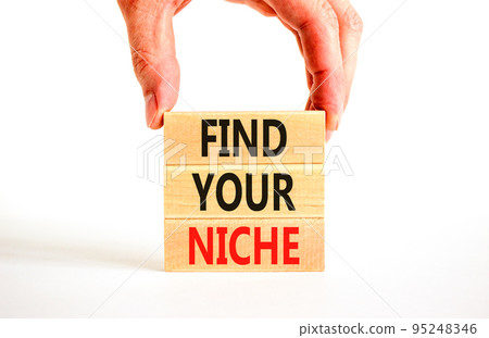 Find your niche symbol. Concept words Find your niche on wooden blocks. Businessman hand. Beautiful white table white background. Business and find your niche concept. Copy space. 95248346