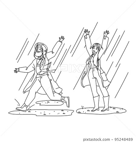 Raincoat Wearing Man And Woman In Rainy Day Vector 95248489