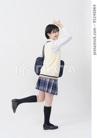 Peace sign high school student white background whole body 95248864