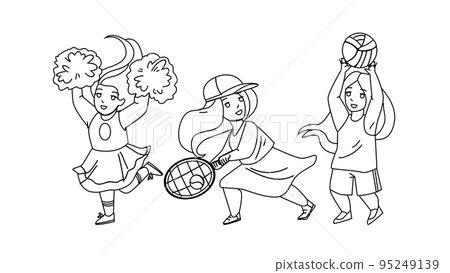 Girls Kids Playing Sport Game And Dancing Vector Girls Kids Playing Sport Game And Dancing Vector 95249139