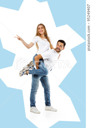 boyfriend giving piggyback to girlfriend on white background 95249407