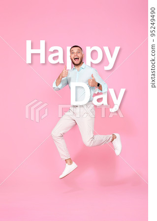 man in summer clothes jumping on pink background. man in summer clothes jumping on pink background. 95249490