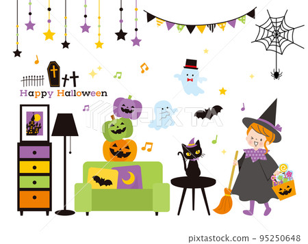Girl preparing for Halloween party and dressed up as a witch 95250648