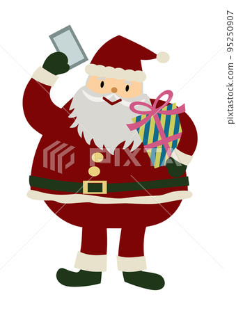 A hand-drawn illustration of a cheerful and cute Santa Claus holding a smartphone and a present A hand-drawn illustration of a cheerful and cute Santa Claus holding a smartphone and a present 95250907