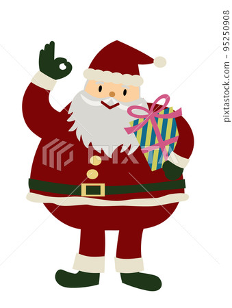 一個快樂可愛的聖誕老人拿著禮物並給出 OK 手勢的手繪插圖 95250908