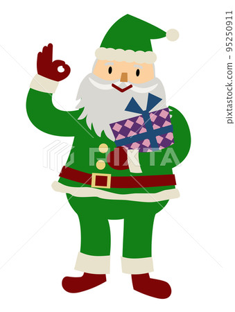 A hand-drawn illustration of a cheerful and cute Santa Claus holding a present and giving an OK sign 95250911