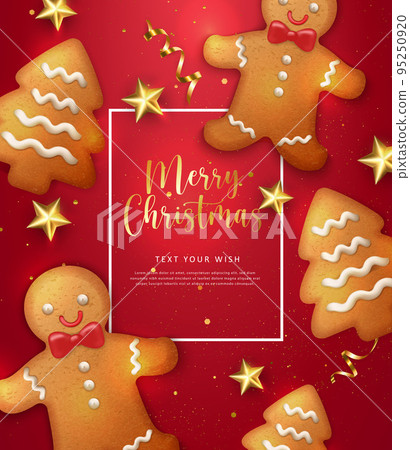 Merry Christmas composition 3D realistic gingerbread man tree cookies and golden ribbon star ornaments 95250920