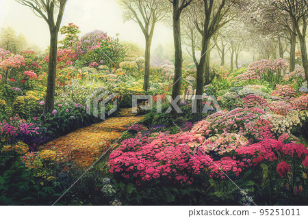 Park along the spring path through lovely garden landscape. Floral background in spring landscape 95251011